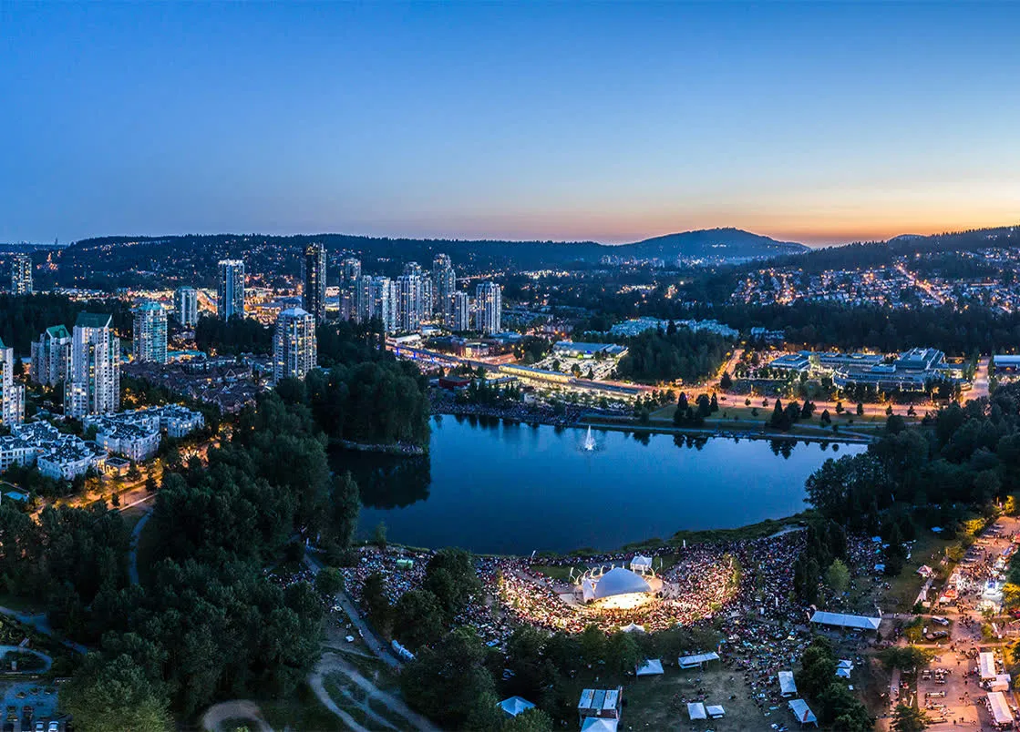 Lafarge Lake and Coquitlam Town Centre at dusk