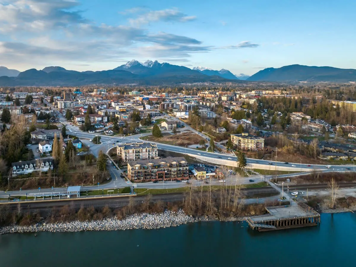 Maple Ridge and the Golden Ears peaks above the Fraser River